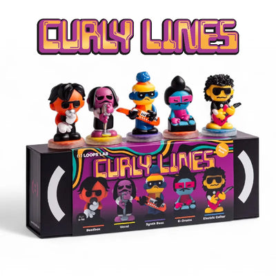 Set of colorful figurines with 'Curly Lines' branding on a white background