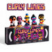 Set of colorful figurines with 'Curly Lines' branding on a white background