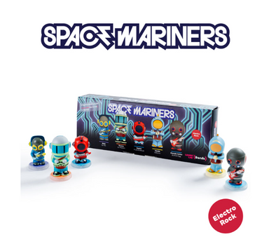 Space Marines collectible mini figures displayed in front of their retail box on a white background, with the 'SPACE MARINERS' logo above and an 'Electro Rock' badge in the corner.