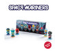 Space Marines collectible mini figures displayed in front of their retail box on a white background, with the 'SPACE MARINERS' logo above and an 'Electro Rock' badge in the corner.