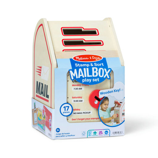 Melissa & Doug children's toy 'Stamp & Sort Mailbox play set' in its retail packaging, featuring a wooden mailbox with red and black mail slots and a blue front label.