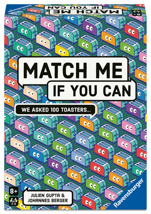 Ravenburger Match Me If You Can board game box featuring a colorful repeating pattern of cartoon toaster characters on a teal background, with large title text and player info.