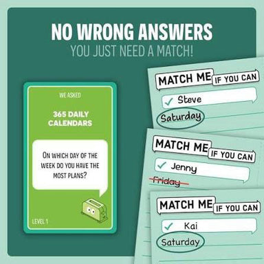 Promotional graphic for a daily calendar matching game. The image features a green card on the left reading '365 DAILY CALENDARS' and 'ON WHICH DAY OF THE WEEK DO YOU HAVE THE MOST PLANS?' with a small cartoon toaster character.