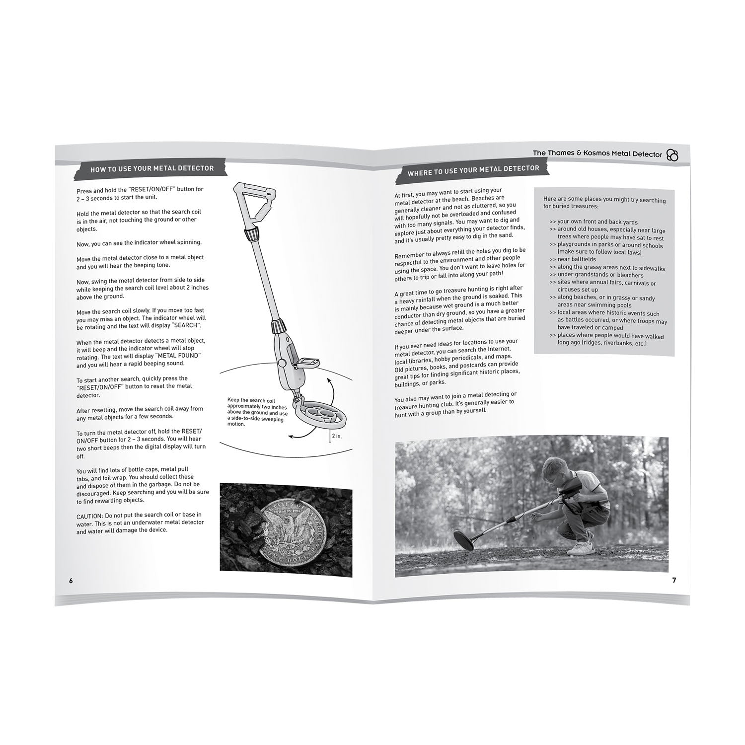 Open manual or guide with text and images of a metal detector on a white background