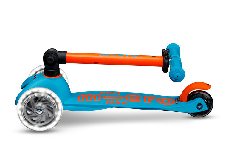 Blue and orange scooter with 'micro' branding on a white background