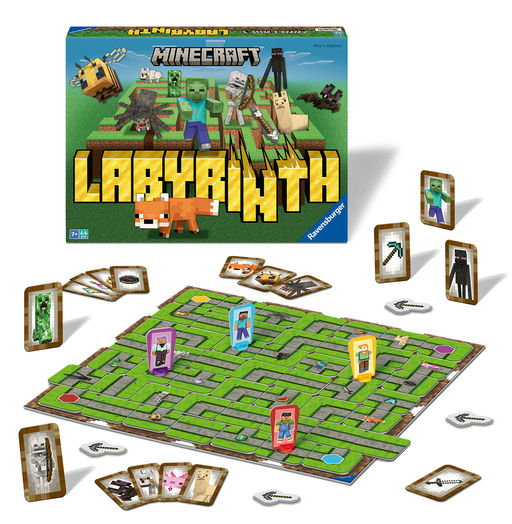 Minecraft Labyrinth board game set with packaging in the background