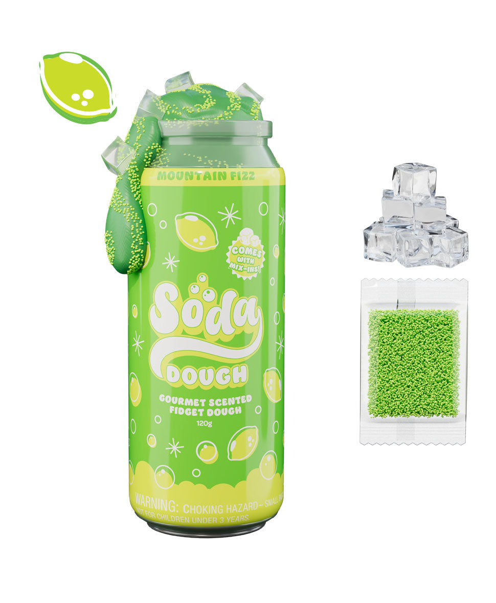 Green bottle labeled 'Soda Dough' with lime graphics on a white background