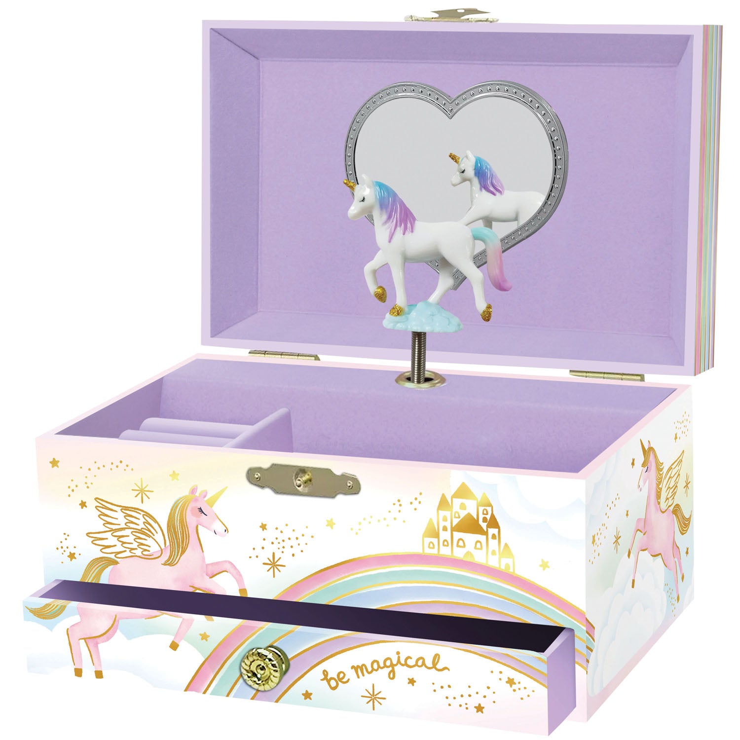 A decorative open music box with a lavender interior and unicorn-themed exterior. The front drawer is printed with pastel rainbow clouds, gold stars, a castle, and the words 'be magical.