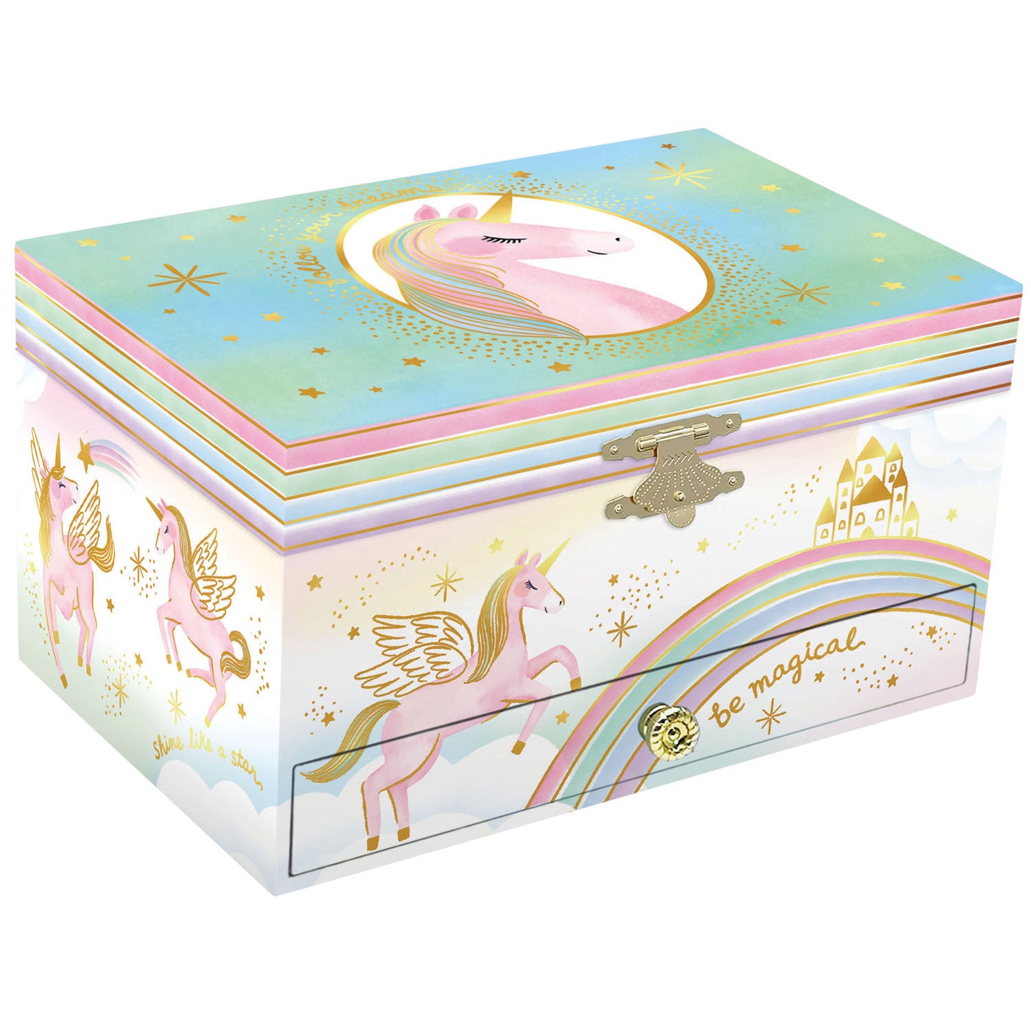 A decorative unicorn-themed jewelry box with a pastel multicolor design, featuring gold foil stars, winged unicorns, a rainbow, and the words 'be magical' on a white background.