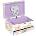 A pastel unicorn-themed music box jewelry box shown open, with a lavender interior, printed unicorn and rainbow artwork on the exterior, a small drawer front, and a spinning unicorn figure set against a heart-shaped mirror on the lid.