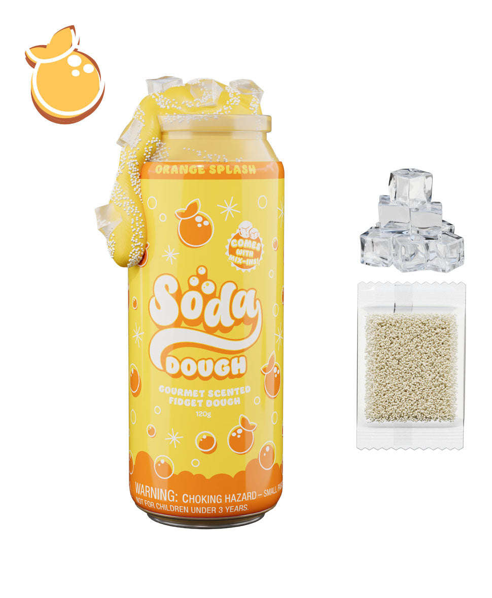 Soda Dough packaging with a small container of dough and an orange splash icon on a white background.