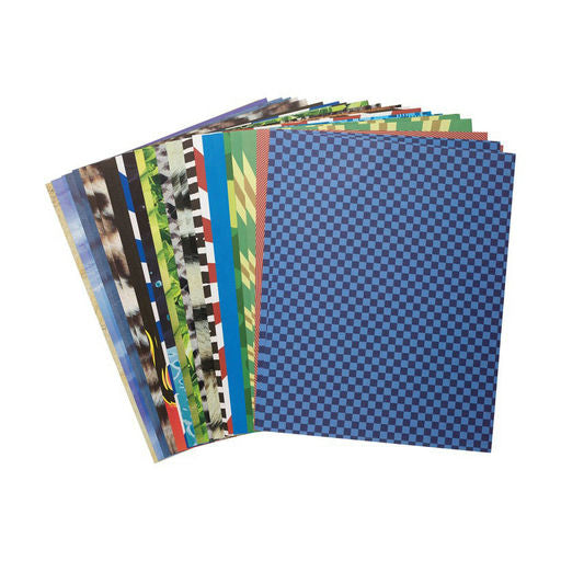 Collection of patterned paper sheets on a white background