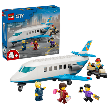 LEGO City airplane set with figures and packaging on a white background