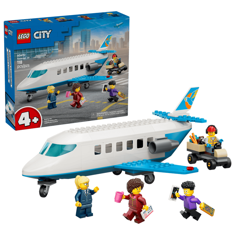 LEGO City airplane set with figures and packaging on a white background