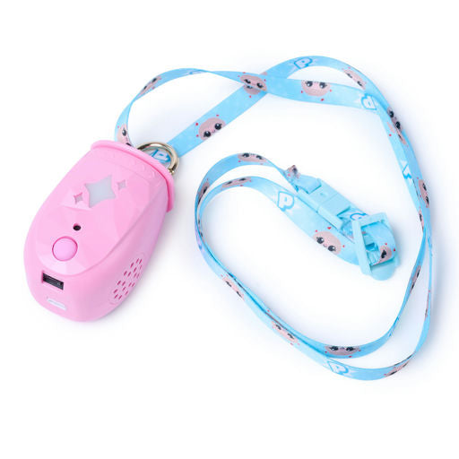 A pink personal alarm with a light blue patterned lanyard strap, shown on a clean white background.