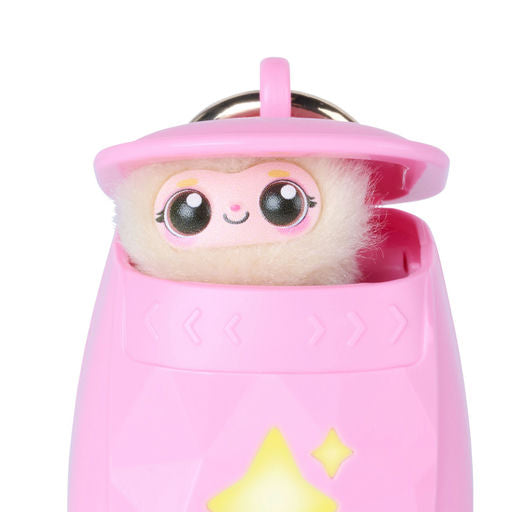 Cute plush toy with a pink shell-like container on a white background