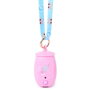 A pink pet poop bag dispenser with a light blue patterned lanyard strap, shown on a solid white background.