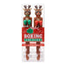 A pair of novelty boxing action pens shaped like brown reindeer with green and red boxing gloves, packaged in a clear plastic case with a red 'BOXING REINDEER ACTION PENS' label.