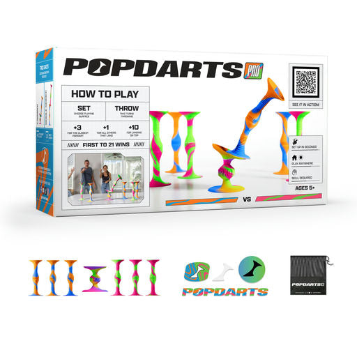 Popdarts packaging with colorful darts and game instructions on a white background