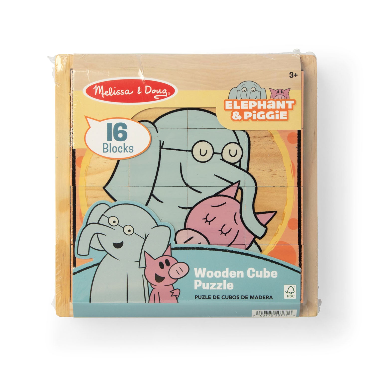 Melissa & Doug Elephant & Piggie wooden cube puzzle in its original shrink-wrapped packaging, featuring a light wood-grain box with colorful cartoon illustrations of an elephant and a pig.