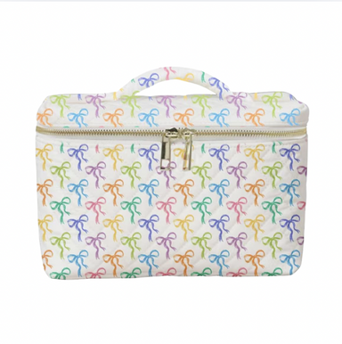 white background makeup bag with bows