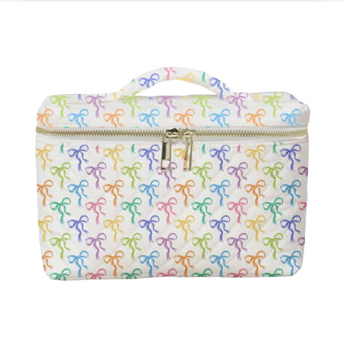 white background makeup bag with bows