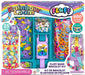 Rainbow Loom Fluff Band Bracelet Kit in its retail packaging, featuring a teal plastic organizer filled with colorful rubber bands, beads, and accessories, alongside illustrations of finished bracelets.