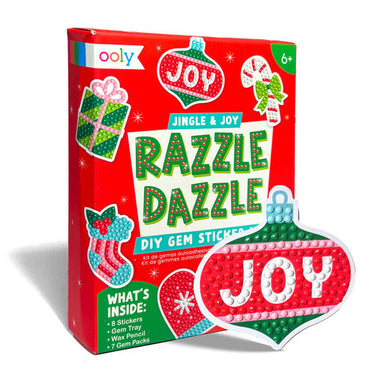 Ooly Jingle & Joy Razzle Dazzle DIY Gem Sticker kit packaging shown alongside a completed ornament-shaped gem sticker on a white background.