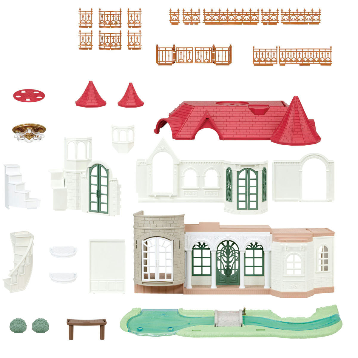 Toy house set with various pieces on a white background