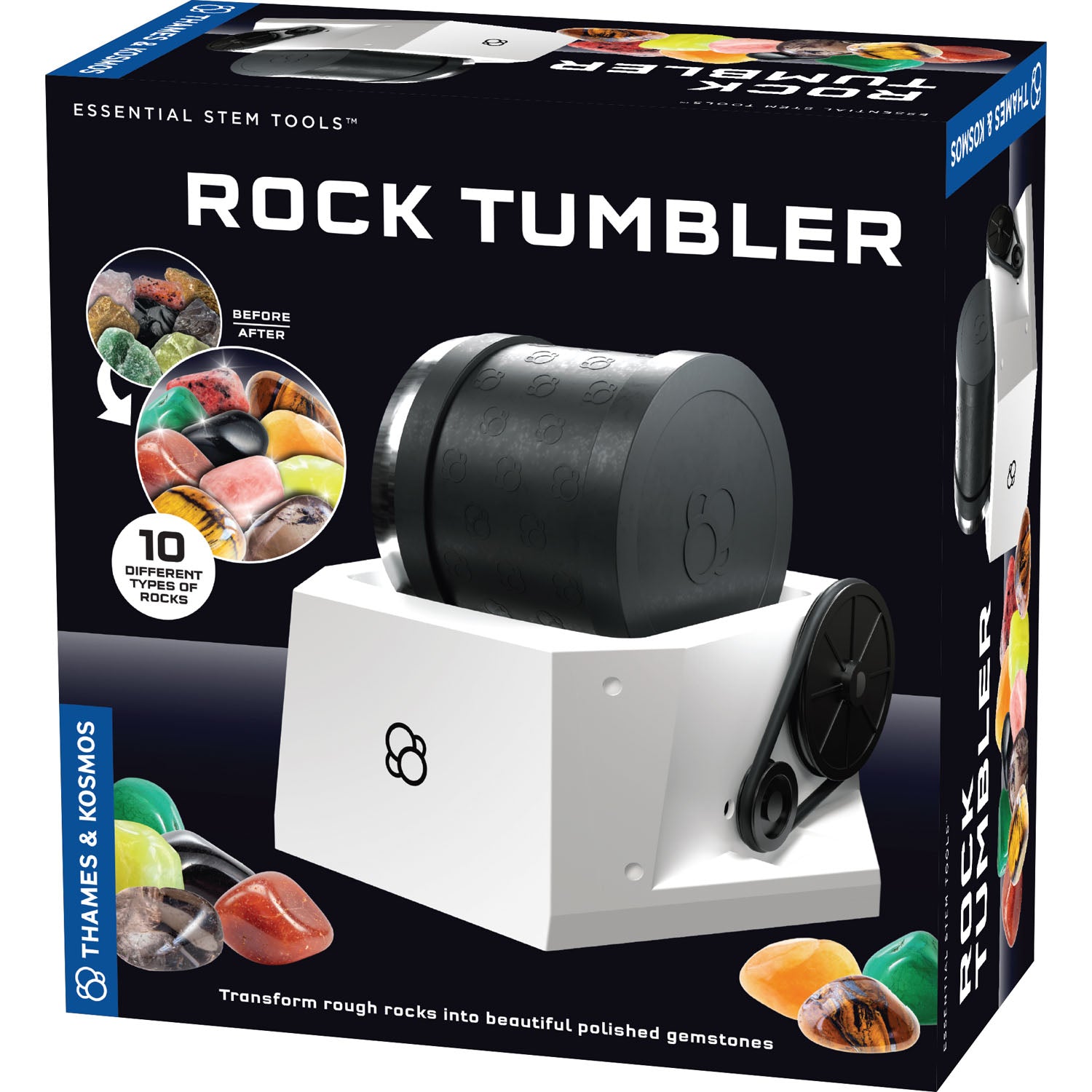 Box of a rock tumbler with images of polished stones and text on a black background