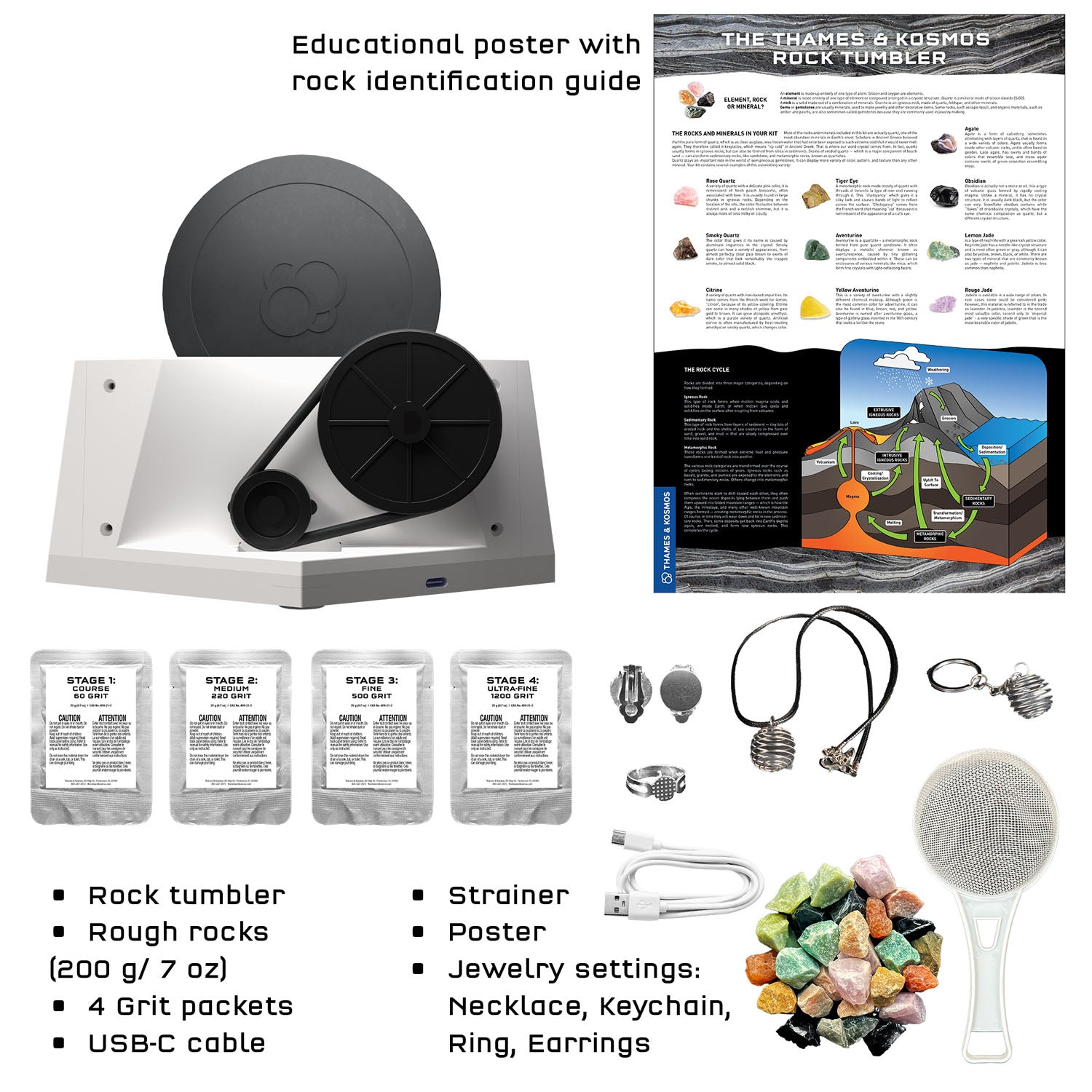 Educational rock tumbler kit with various components and a Thames & Kosmos poster.
