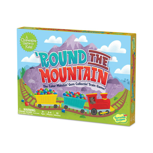 Board game box for 'Round the Mountain with colorful train design and mountain background.