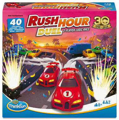 ThinkFun Rush Hour Duel 2-player logic race game box, featuring a colorful illustrated scene of racing cars on a highway at sunset with fireworks and the ThinkFun brand logo.