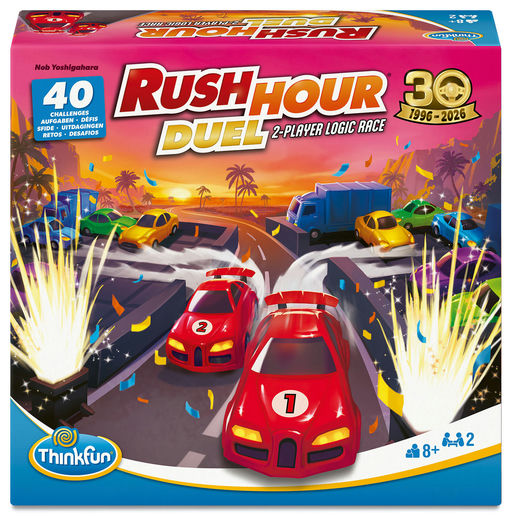 ThinkFun Rush Hour Duel 2-player logic race game box, featuring a colorful illustrated scene of racing cars on a highway at sunset with fireworks and the ThinkFun brand logo.