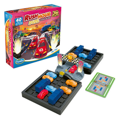 Rush Hour Duel game set with colorful cars and board, featuring the game box on a white background.