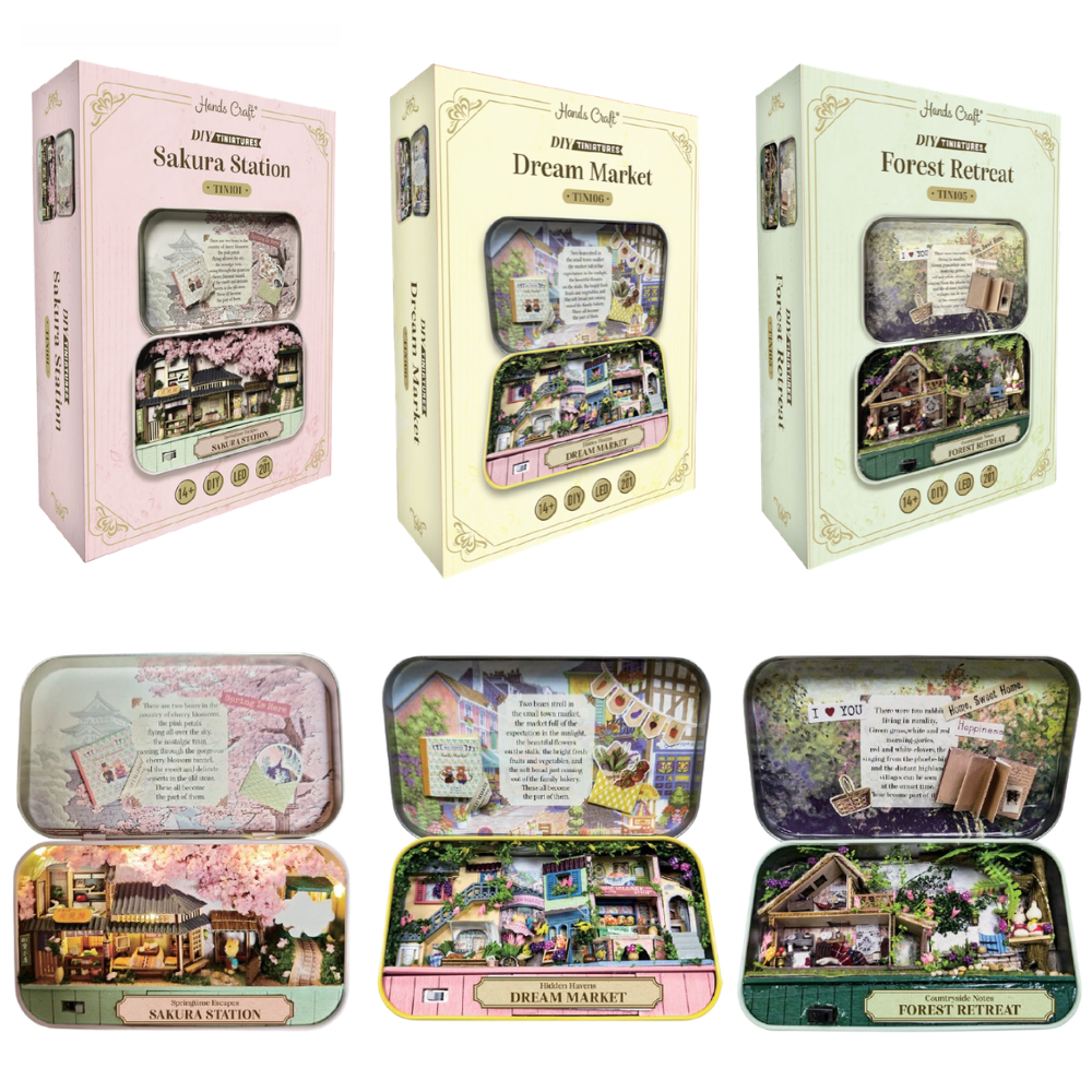 Six decorative boxed craft kits and their opened contents arranged in two rows on a white background. The top row shows pastel packaging for Sakura Station, Dream Market, and Forest Retreat.