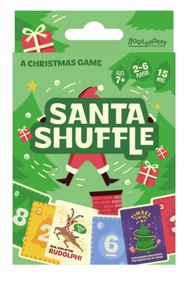 Packaging of 'Santa Shuffle' game with green background and festive design.