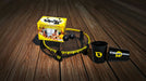 A set of Seliopang fishing nets and cups displayed on a dark wooden plank surface. The set includes a yellow and black net with two black fishing balls and a yellow brand box, alongside two black cups with yellow logos.