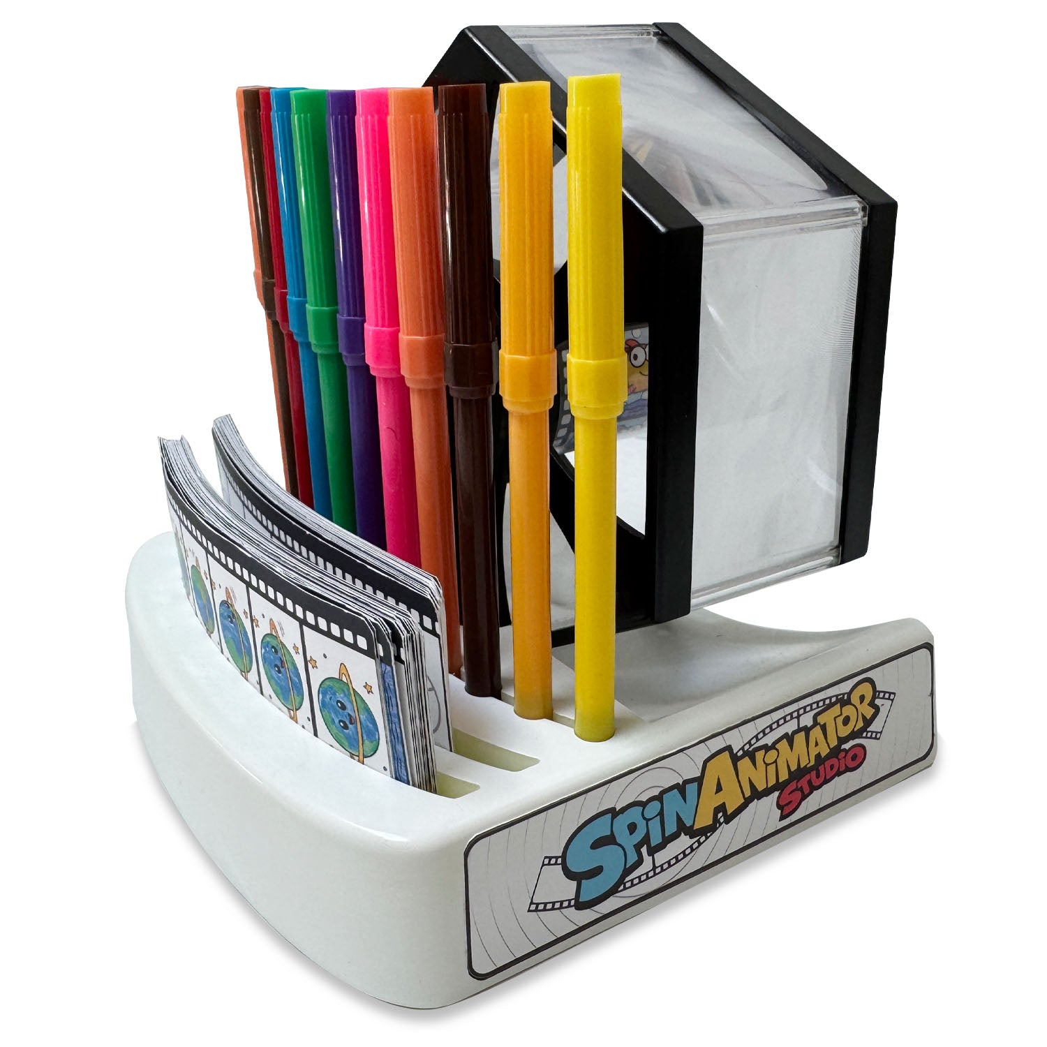 Spin Animator Spin-the-Can game set with a white plastic base, colorful marker pens, yellow markers, and printed can labels, shown on a white background.