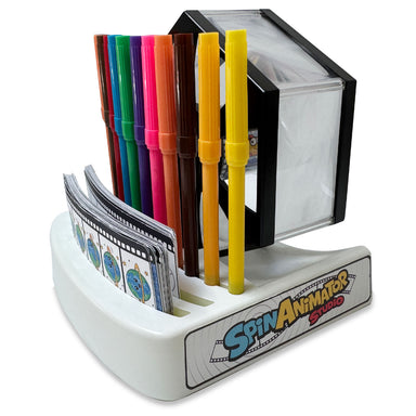 Spin Animator Spin-the-Can game set with a white plastic base, colorful marker pens, yellow markers, and printed can labels, shown on a white background.