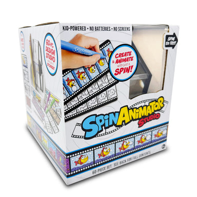Spin Animator Studio 60-piece craft kit in its original retail packaging, featuring a white box with colorful cartoon graphics and a clear window showing the interior.