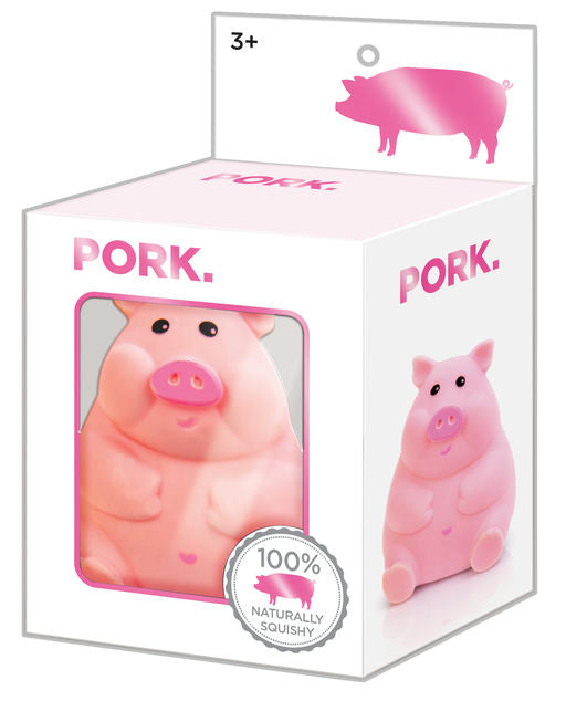 A pink pig-shaped squishy toy shown inside its white retail box with pink branding and a '100% Naturally Squishy' seal.