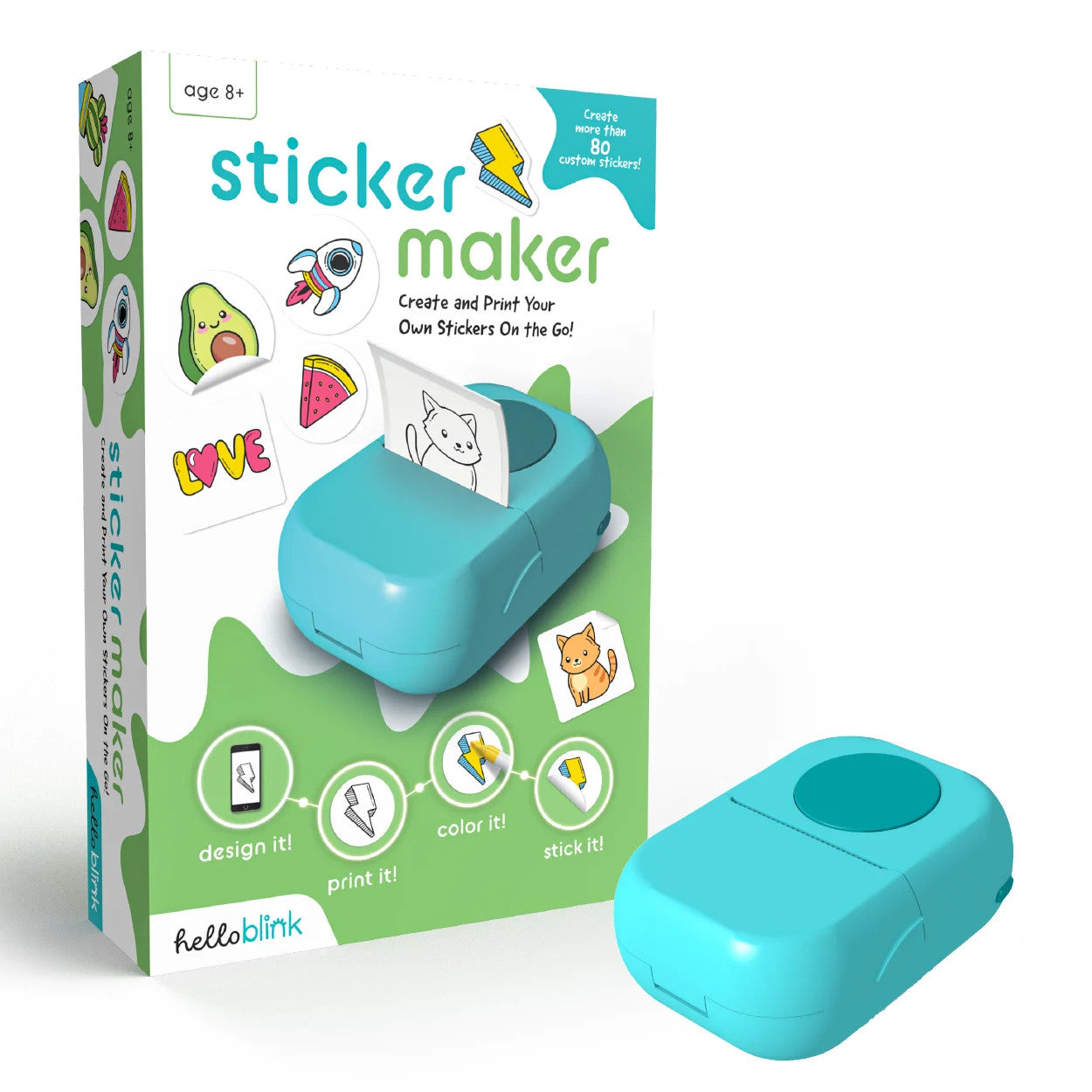 Turquoise sticker maker with packaging on a white background