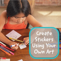 Child creating stickers using art supplies with text overlay