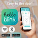 Hand holding a smartphone displaying the 'hello blink' app with the app icon and branding on the left.