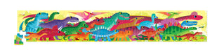 Colorful dinosaur puzzle with various dinosaur figures on a yellow background