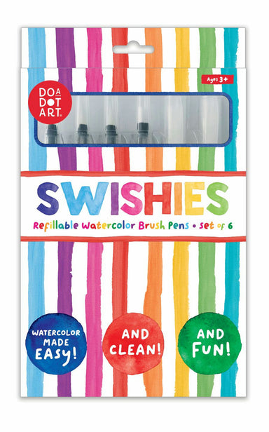 Packaging of Do A Dot Art Swishies refillable watercolor brush pens with colorful stripes.