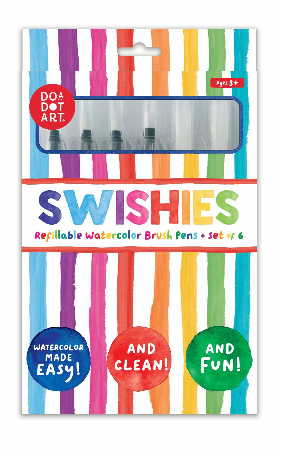 Packaging of Do A Dot Art Swishies refillable watercolor brush pens with colorful stripes.