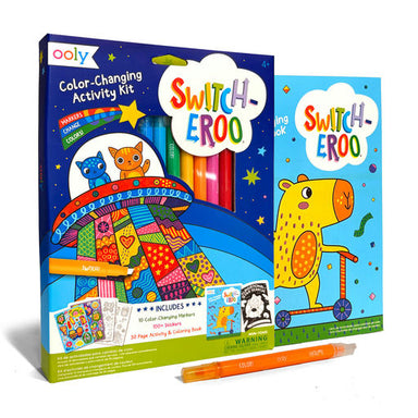 Ooly Switch-Eroo Color-Changing Activity Kit with a colorful activity box, a children's coloring book, and an orange marker on a white background.