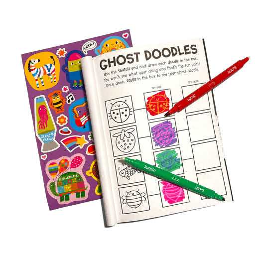 A children's coloring/activity book titled 'Ghost Doodles' shown open with two colored pencils, alongside a matching sticker sheet. The product is photographed on a clean white background.
